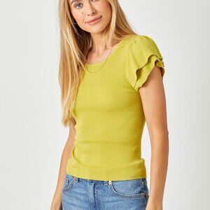 MYSTREE Lime Green Flutter Sleeve Top, Ruffle Sleeve Knit Blouse, Fitted Ribbed